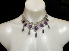 ANTIQUE VICTORIAN STERLING SILVER GILT LARGE AMETHYSTS NECKLACE CHOCKER