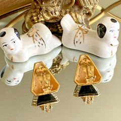 Vintage Ciner Asymmetrical Gold Plated Black Enamel Crystal Clip-On Earrings