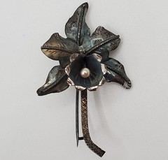 VTG Sterling Silver Orchid Flower Brooch 2in Faux Pearl Center Patina Estate