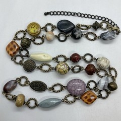 Vtg Boho Statement Bead Brass Chain Link Statement Necklace 34” Signed