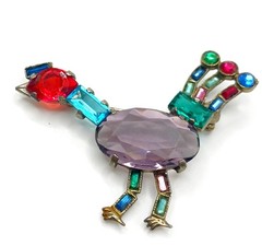 1940s Pot Metal Bird Brooch Rhinestone Figural fruit salad purple glass Vintage