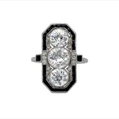 1.85 Ct Three Stone Moissanite Filigree Onyx Cocktail Vintage Art Deco Gift Ring