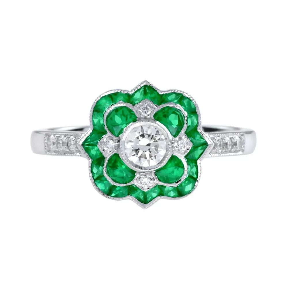3Ct Art Deco Style Lab Created Diamond & Emerald Wedding 14k White Gold FN Ring