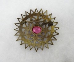 Antique Large Round Brass Sunburst Brooch, Oval Pink Stone, C-clasp