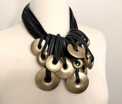 Gerda Lynggaard Monies Black Leather Fringe & Gold Wood Rings Necklace