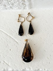 Vtg Smoky Quartz Glass Teardrop Pendant Screw Back Earrings Sterling Gold Plated
