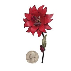 Francois Red Enamel Rhinestone Metal Stemmed Flower Brooch, Signed E957