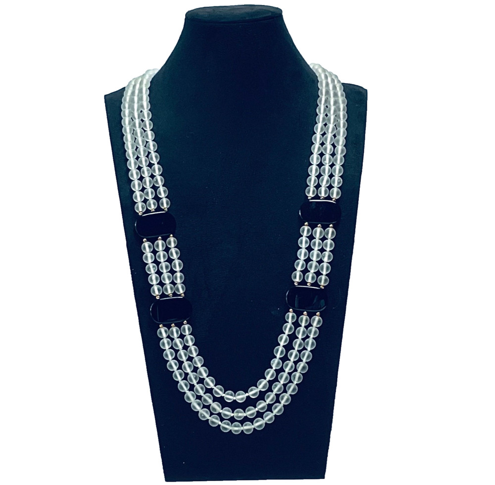 Vintage Black Onyx & Clear Quartz Triple Strand Beaded Elegant Necklace 15″ Long