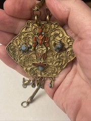 Vintage Nepal/Tibetan Brass Metal Coral Turquoise Stones Buddha Necklace ￼