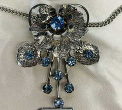 Vtg Pendant Brooch Pin & Earrings Blue Rhinestone Silver Tone Design by Anthony