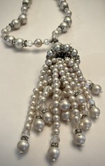 Vintage Long Faux Pearl Flapper Necklace/Crystals/Roundels w/Rhinestones/Tassel