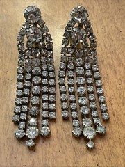 Vintage Huge Prong Set Rhinestones Chandelier Dangle Drop Clip On Earrings