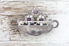 VINTAGE FLOWER BASKET ONYX AMETHYST MARCASITE STERLING SILVER BROOCH 925 DECO
