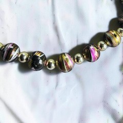 Vintage Marbled Lucite Bead Necklace Black Gold Pink Silver 24″ Mid Century