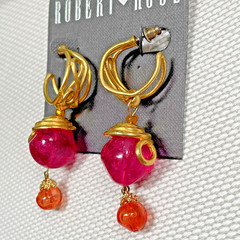 Vintage ROBERT ROSE Dangle Earrings Gold Tone & Violet & Red Lucite Beads 1970s