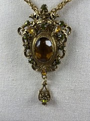 Vintage Amber Glass Gold Tone Scroll Pendant With Heavy Chain 12” Drop Length