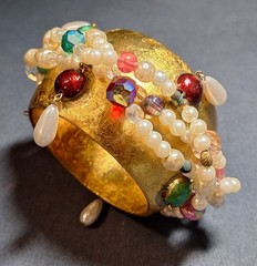 OOAK Vnt. 1980s-1990s “Ross Madole” Cuff Bracelet/Gold Leaf w Faux Pearls & Gems