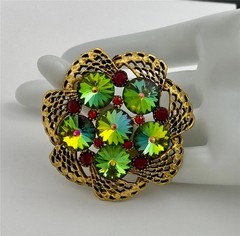 Vintage 1950’s Watermelon Rivoli Rhinestone Gold Tone Large Brooch Pin