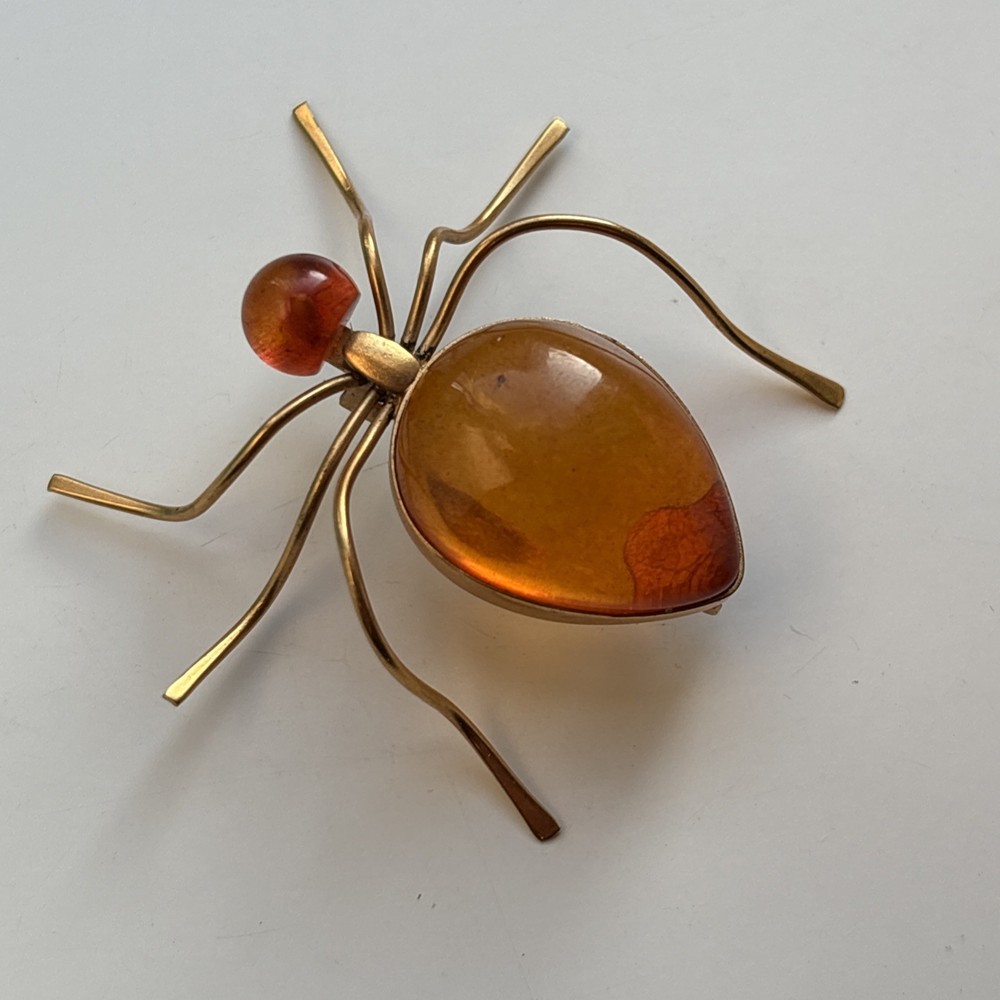 Vintage 70s Russian USSR Baltic Amber Ant Insect Bug Spider Gold Plate