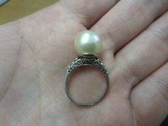 Vintage Platinum 10mm South Sea Pearl Ring w/ Diamond Accents (Size 5.50)