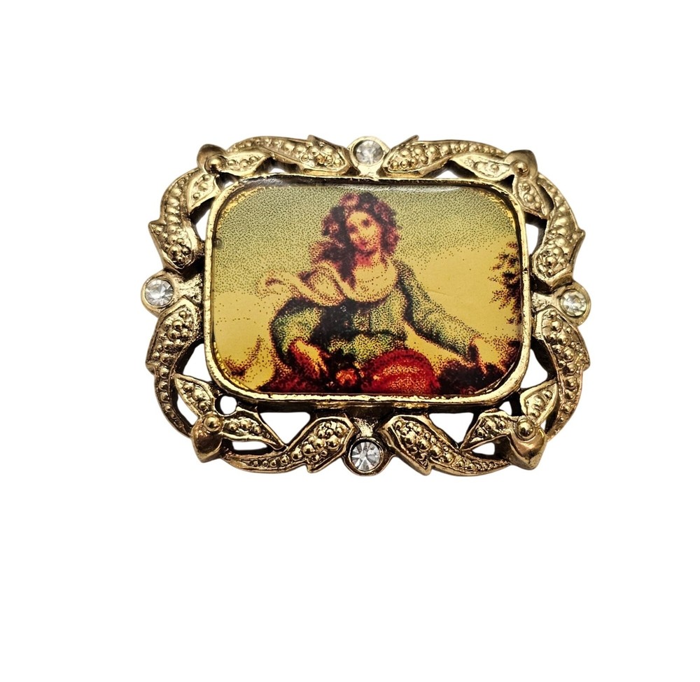 1928 Brand Lady Photo Brooch Clear Rhinestone Pin Signed, C886