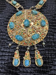 Vintage Egyptian Revival Pectoral Statement Necklace Glaze Soapstone Scarab Gilt