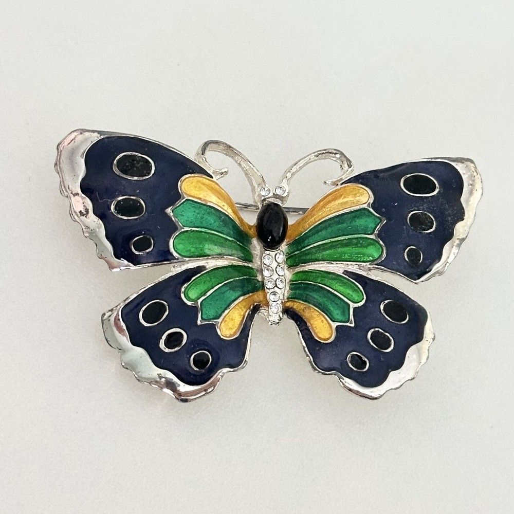 Vintage Blue Green Yellow Enamel Butterfly Silver Tone Rhinestone Brooch Pin