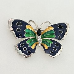 Vintage Blue Green Yellow Enamel Butterfly Silver Tone Rhinestone Brooch Pin