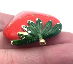 Strawberry Brooch Signed Lind Gal LG Painted Porcelain Signed Vintage Jewelry
