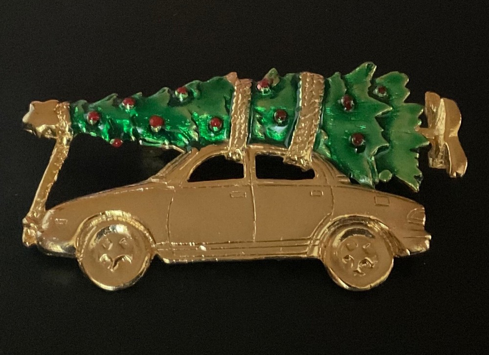 AJC Christmas Brooch Bringing Home the Tree with Car Gold Tone and Enamel