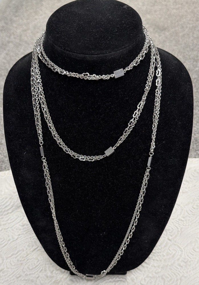 Vintage Germany Long Silver Plated Metal Links Interspersed Bar Station Necklace