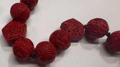 Vintage Chinese Cinnabar Carved Red Bead Necklace & Earrings Set