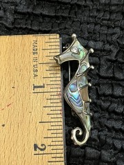Vintage Sterling Silver Abalone Seahorse Brooch Signed CO Crystal Eye Ocean Pin