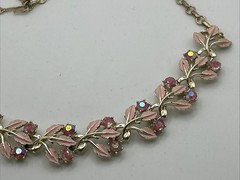 Coro Necklace Mid-Century Gold Pink Leaves W/ Pink Rhinestone Flowers Choker