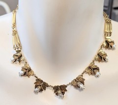 Vtg Estate Brass Genuine Pearl Flower Leaf Link Necklace 15.5″ 3D