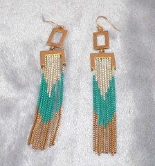 Vtg Pierced Hook Earrings w/ Box Chain Dangles Gold Silver Turquoise Color 4″