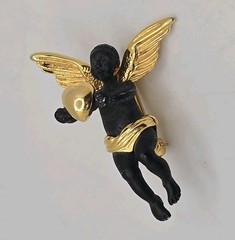 Vintage Coreen Simpson Black Cherub Brooch Gold Tone Cupid Heart Pin Signed
