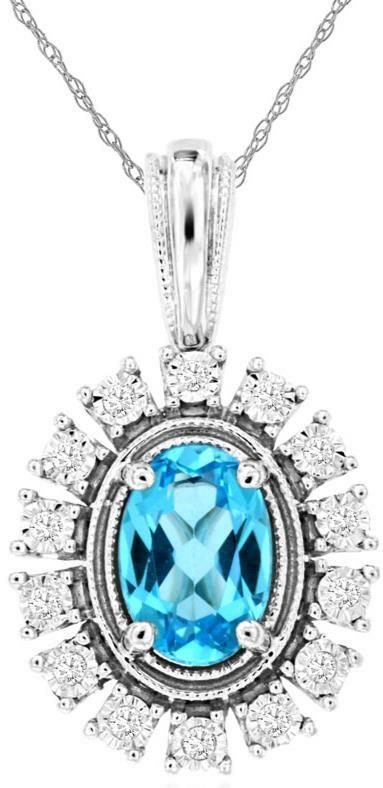 ESTATE .99CT DIAMOND & AAA BLUE TOPAZ 14K WHITE GOLD OVAL & ROUND FLOWER PENDANT