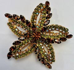 Vintage Rhinestone Brooch Flower Star Brown Green Rainbow AB Beautiful Prong Set
