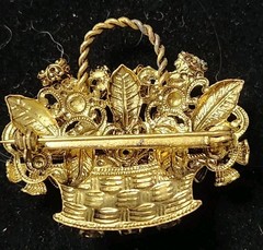 Vintage Czech Brass Toned Floral Basket Brooch Multi-Colored Rhinestones Glass