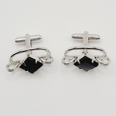 Western Style Deep Black Onyx Open Metal Silver Tone Fancy Formal Cufflinks