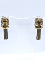 VINTAGE ANTIQUE GOLD TONE KARU BEAD CABOCHON FAUX PEARL TASSEL CLIP ON EARRINGS