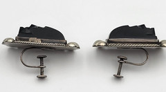 Vtg Mexico Silver Carved Onyx Tribal Mask Earrings Screw Back 1.25″