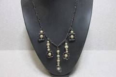 BLACK METAL CHAIN w/ FAUX PEARL DANGLES ESTATE JEWELRY NECKLACE #8