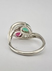Antique Platinum Hot Pink & Green Tourmaline & Baguette Diamond Moi et Toi Ring