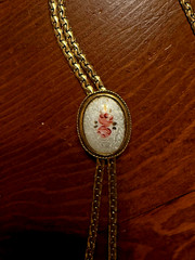 Vintage Goldette NY Guilloche Pink Roses Slide Lariat Necklace gold tone chain