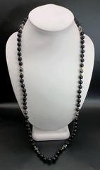 Black Onyx & Hematite Beaded Necklace Polished Gemstone 30″ Gold Tone Accents