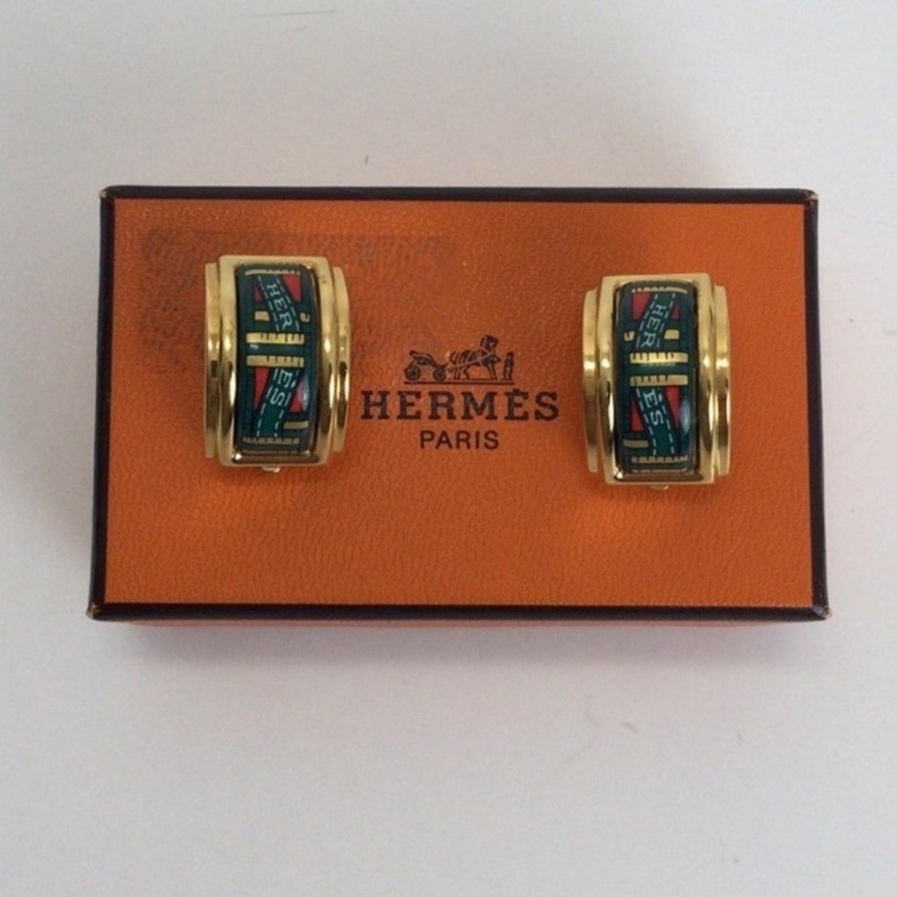 Hermes Vintage Cloisonne’ Luxury Enamel Gold Tone Clip on Earrings
