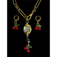 Victorian Raw Brass Necklace w/ Vintage Watch & Cherry Earrings Set