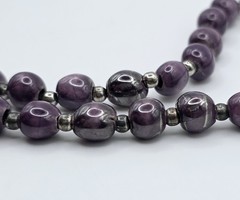 Vintage Sterling Silver Purple Ceramic Beaded Necklace 30″ Long Metallic